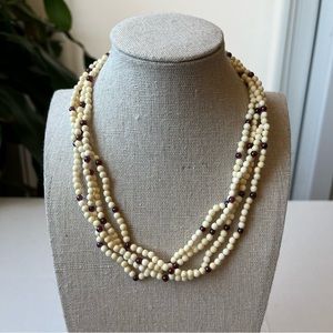 Vintage Round Bead Necklace Ivory & Amethyst or Purple Glass 4 Strand
